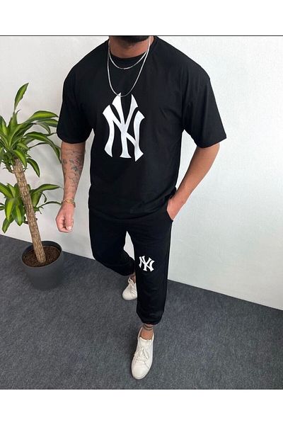 NoVibe Printed Black Tracksuit T-shirt Summer Suit