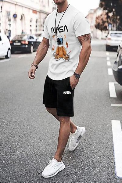 NoVibe NASA Teddy Bear Printed Oversize Bottom Top T-shirt Shorts Set