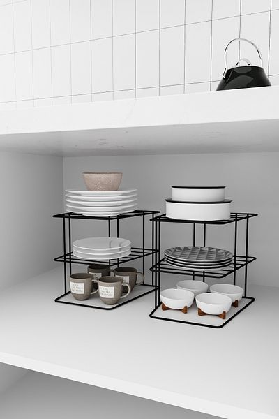 EVA METAL TASARIM Черен държач за чинии от 2 части, 3-степенен рафт за чинии за вграждане в шкаф и органайзер за плот