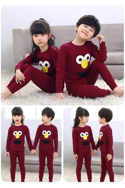 NoVibe Set de pijamale de sezon pentru copii, roșu Claret, cu fața zâmbitoare