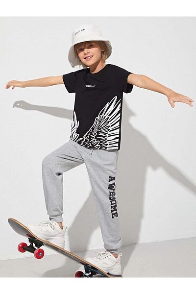 NoVibe Awesome Eagle Wing Printed Oversize T-Shirt - Tracksuit Bottom - Top Kids Set