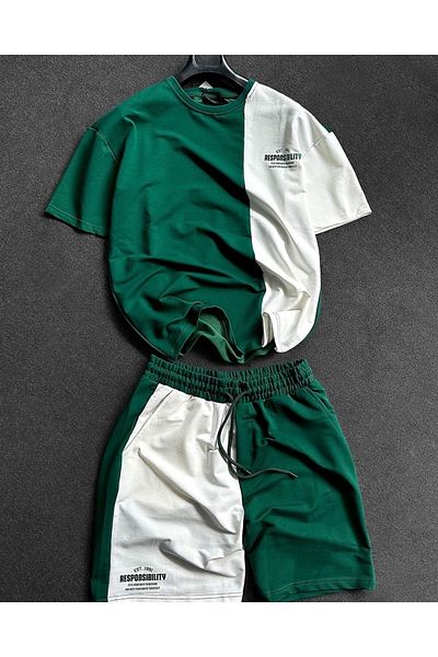MANCY Green and White Pieced Responsibility Printed Shorts T-shirt Summer Set
