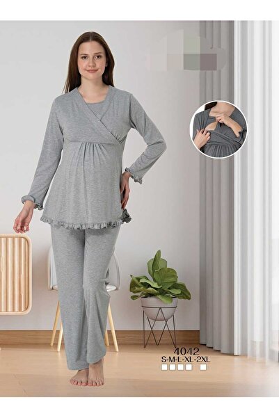 Lohussa Kadın Gri Dantelli Özel Tasarım Pamuk Penye Hamile Lohusa  Pijama Takımı
