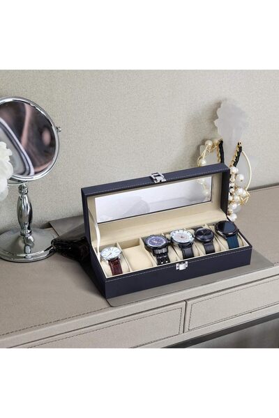 Arabest 6-Slot PU Leather Watch Organizer Box, 30×11×8 cm, Black