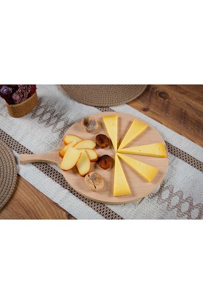 Zevahir Mobilya Dekorasyon Round Presentation and Cutting Board with Wooden Handle, Vegetable, Fruit and Cookie Plate for Breakfast and Serving