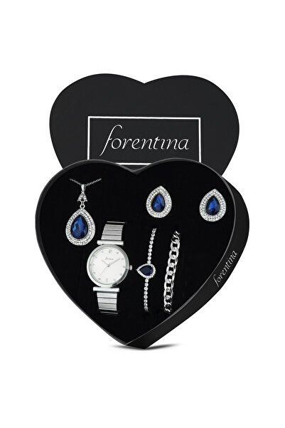 Forentina Gümüş Kaplama Lacivert Taşlı Kolye Küpe Bileklik Saat Hediye Takı S...