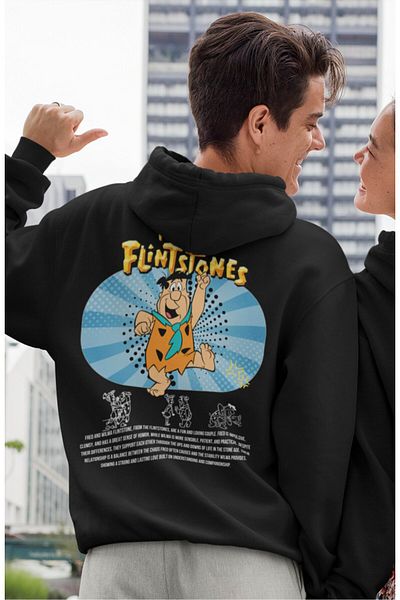 Fuddy Moda Oversize Fred Flintstone Back Printed Hooded Couple Sweatshirt, Unisex Lover Couple Themed Hoodie