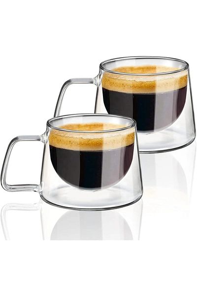 bimbambom 250ml Double Glass and Double Walled 2-Piece Cup with Handle - Home and Office Cup