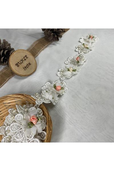 Bukle İplik 1 Meter Pearl, Pink and Cream Tulip Detailed Flower Path Guipure Decorative Strip - 4 cm Width