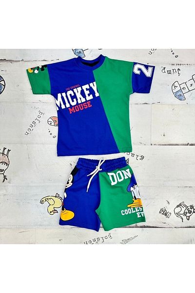 MANCY Nyári kék-zöld Piece Mickey póló rövidnadrág gyerek szett