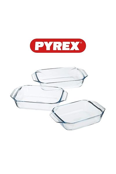 Pyrex مجموعة محمصة مستطيلة مكونة من 3 قطع (2.1 لتر + 2.9 لتر + 3.8 لتر) - آمنة للاستخدام في الفرن والميكروويف والفريزر وغسالة الأطباق