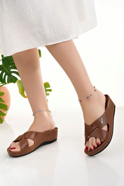 epaavm Orthopedic Sole Cross Band Tan Women's Slippers