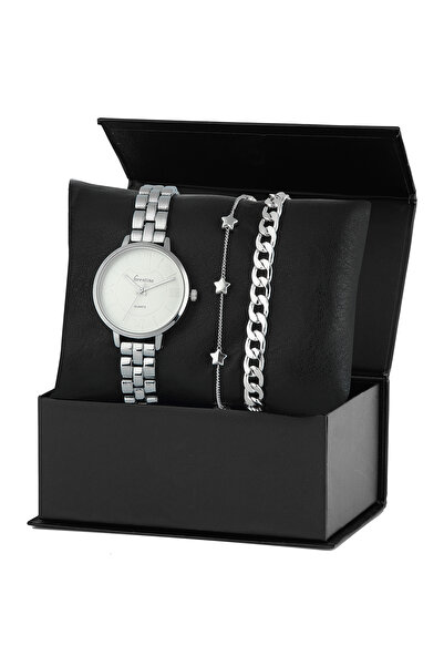 Forentina Gri Metal Kol Saati Yıldızlı Bileklik Kombin Set PS3922