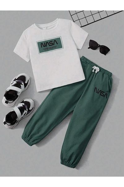 MANCY Dark Green NASA Printed Unisex Cotton Top and Bottom Children's Set
