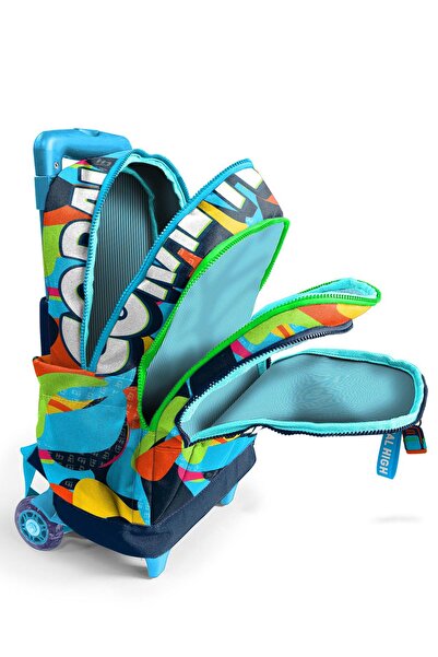 Coral High Kids Lacivert Mavi Graffiti Desenli Üç Bölmeli Çekçekli Okul Sırt Çantası 23977