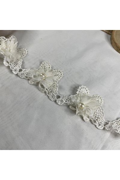 Bukle İplik Butterfly Patterned Lace Decorative Ribbon with Pearl and Tulle Detail (6.5 cm Width) - 1 Meter