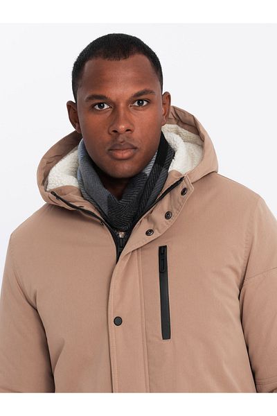 OMBRE Ανδρικό μακρύ μπουφάν parka sherpa - μπεζ V1 OM-JALJ-0181 XXL