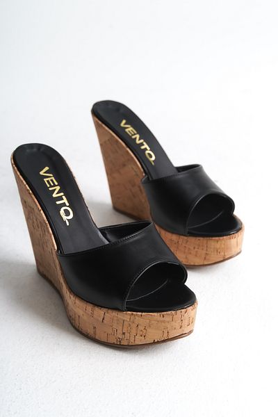 Ayakkabı Ateşi Black Cork Wedge Women's Heeled Slippers - Adoles