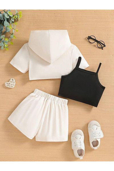 NoVibe Children's Los Angeles Printed Hooded Crop T-Shirt Suspender Crop and Shorts Bottom Top Set