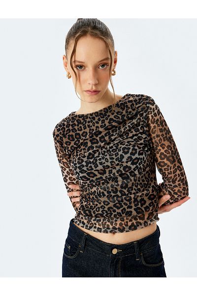 Koton Leopard Drape Detailed Long Sleeve Crew Neck Tulle T-Shirt