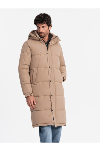 OMBRE Men's quilted long jacket with detachable hood - beige V2 OM-JALJ-0190 M