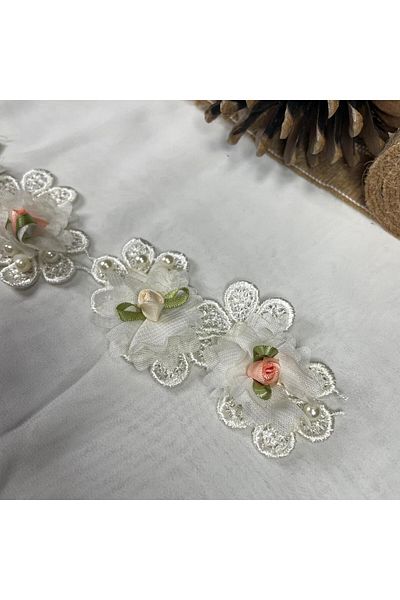 Bukle İplik 1 Meter Pearl, Pink and Cream Tulip Detailed Flower Path Guipure Decorative Strip - 4 cm Width