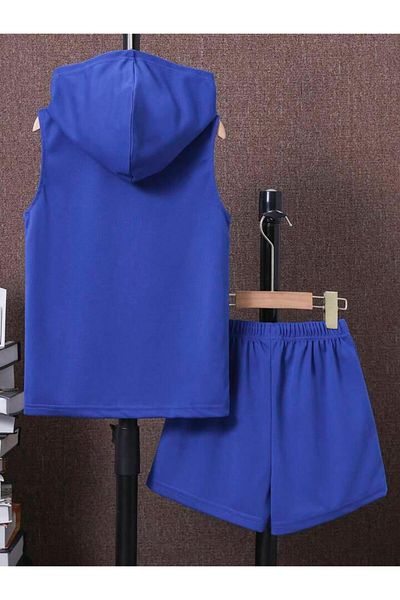 MANCY Unisex Label Printed Sleeveless Hooded T-Shirt and Shorts Top and Bottom Set