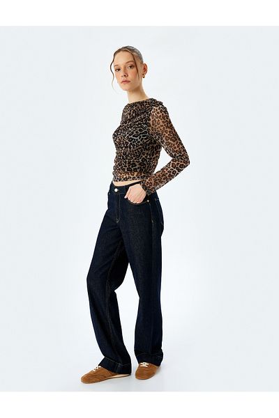 Koton Leopard Drape Detailed Long Sleeve Crew Neck Tulle T-Shirt