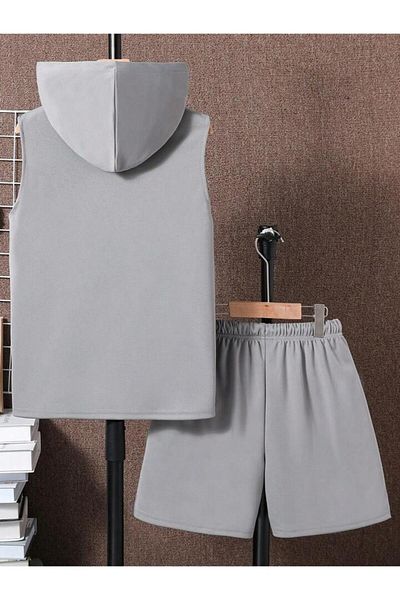 MANCY Unisex Plus Size Label Printed Sleeveless Hooded T-Shirt and Shorts Bottom Top Set
