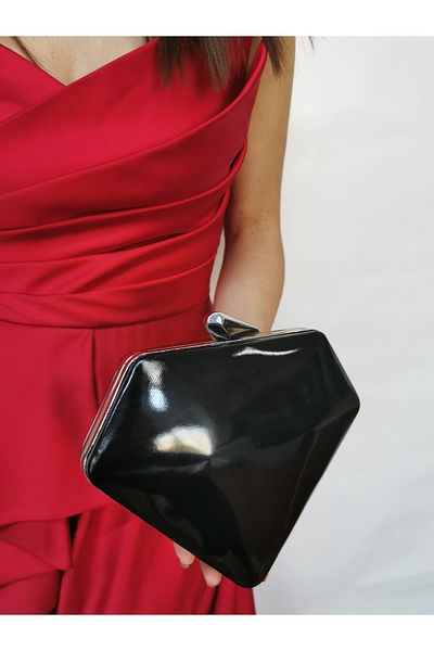 NAZART Γυναικείο λουστρίνι μαύρο βραδινό φόρεμα Clutch Portfolio Chain Strap Hand Wedding Engagement Night Shoulder Bag