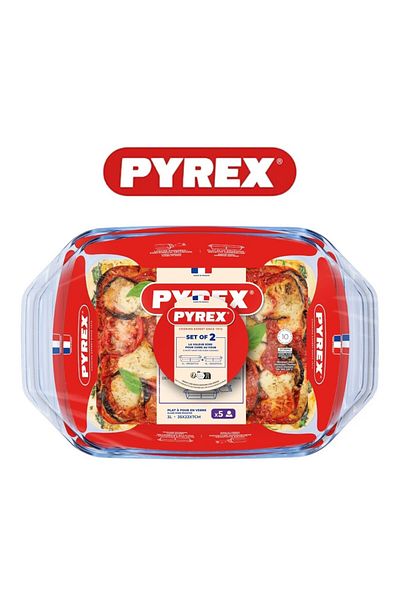 Pyrex طقم تحميص مستطيل لا يقاوم (4 لتر + 3 لتر) - آمن للاستخدام في الفرن والميكروويف والفريزر وغسالة الأطباق