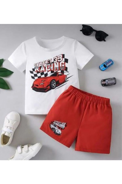 NoVibe Σετ μπλουζάκι από βαμβακερό σορτς για παιδιά Race με στάμπα πάνω και κάτω