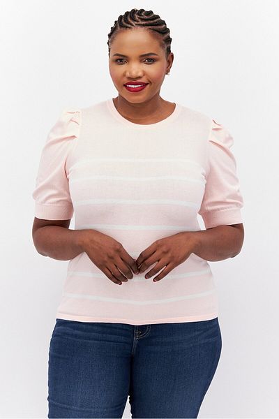 Anne Klein Women Plus Size Crew Neck Puffed Sleeves Stripe Blouse, Pink