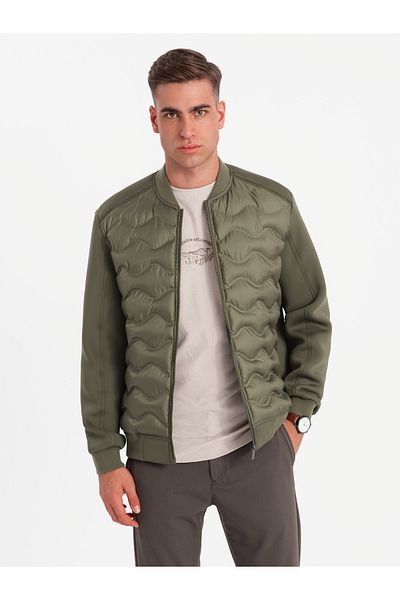 OMBRE Men's quilted bomber jacket - dark olive green V3 OM-JALP-0141 L