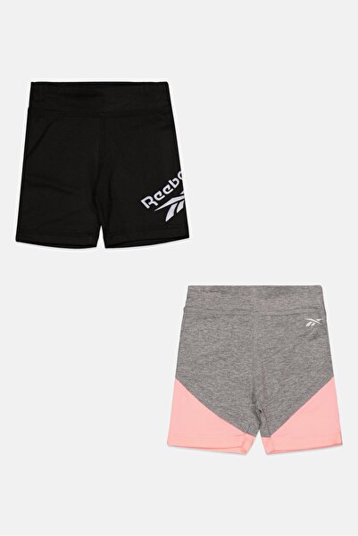 Reebok شورت قصير سهل الارتداء بشعار العلامة التجارية للبنات الصغار، قطعتين، أسود