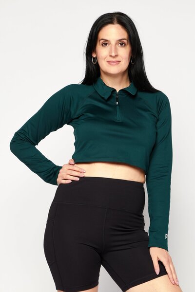 DKNY Sport ملابس رياضية نسائية، قميص بولو بأكمام طويلة وياقة عالية، لون أخضر