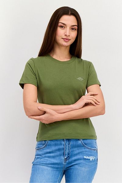 Esprit Women Round Neck Short Sleeves Brand Logo T-shirt, Olive