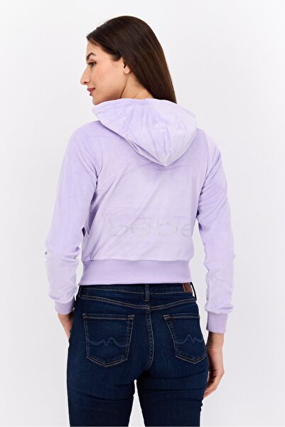 Bebe Women Hood With Drawstring Long Sleeve Embellished Logo Sweatshirts, Purple