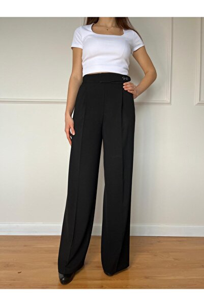 Butik Women's Black Button Detailed Loose and Cut Palazzo Trousers