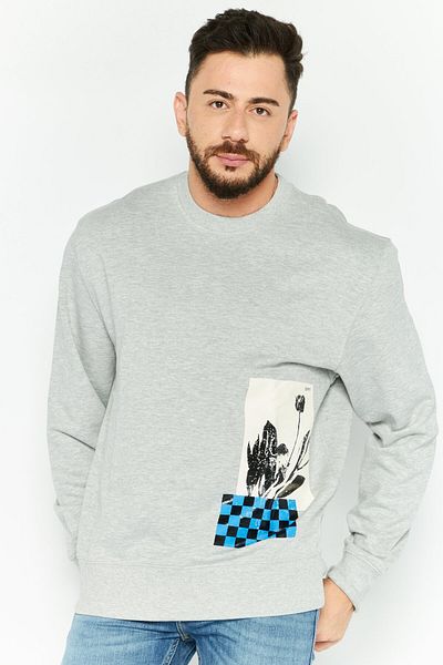 Esprit Men Crew Neck Long Sleeve Graphic Print Sweatshirts, Heather Grey