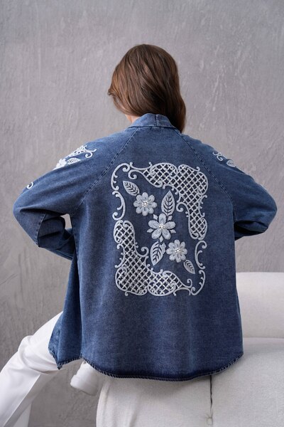 Miss Allos Kadın Arkası Ve Kolları Nakışlı İnci Detaylı Kot Kimono Ceket