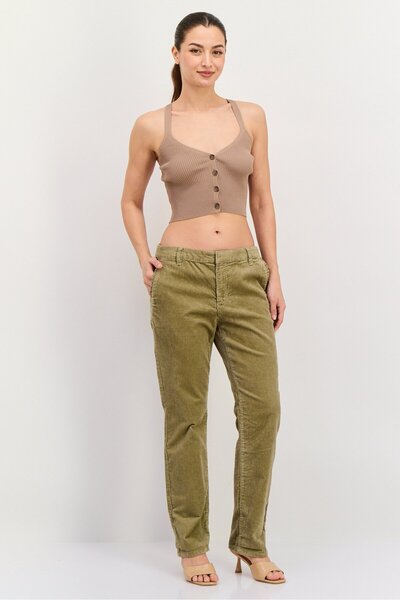 Esprit Women Regular Fit Mid Waist Solid 30 Inseam Corduroy Pants, Olive