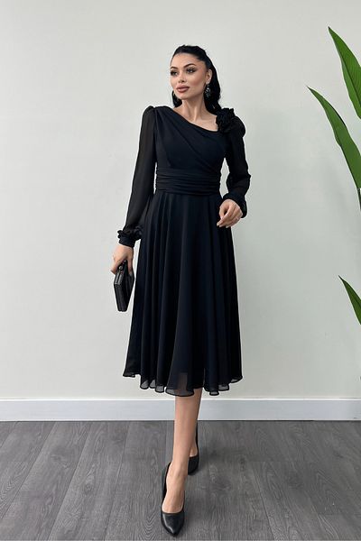 giyimmasalı Chiffon Fabric Rose Detailed Midi Length Dress - Black