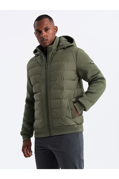 OMBRE Ανδρικό καπιτονέ bomber jacket με ψηλό γιακά - σκούρο λαδί V3 OM-JALP-0140 XXL