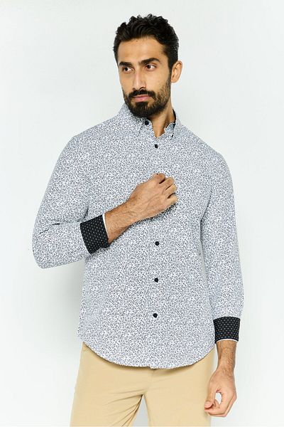 English Laundry Men Slim Fit Allover Print Long Sleeve Dress Shirt, White