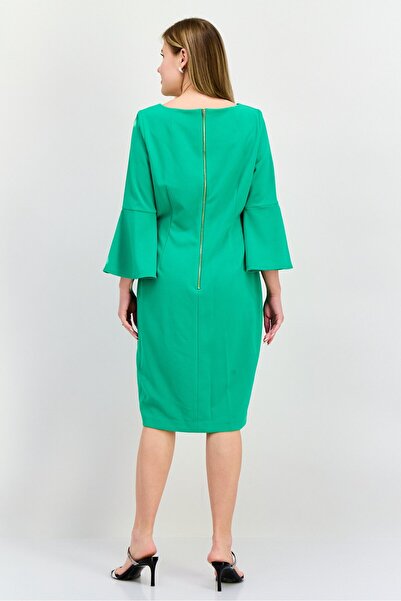 Calvin Klein Women Round Neck Bell Sleeve Solid Midi Dress, Green