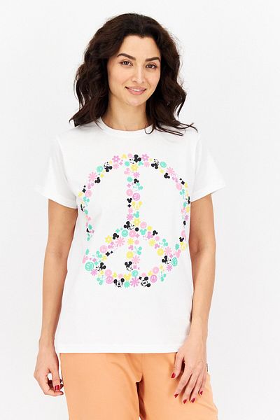 Mickey Mouse Women Round Neck Short Sleeve Printed T-Shirt, White Combo