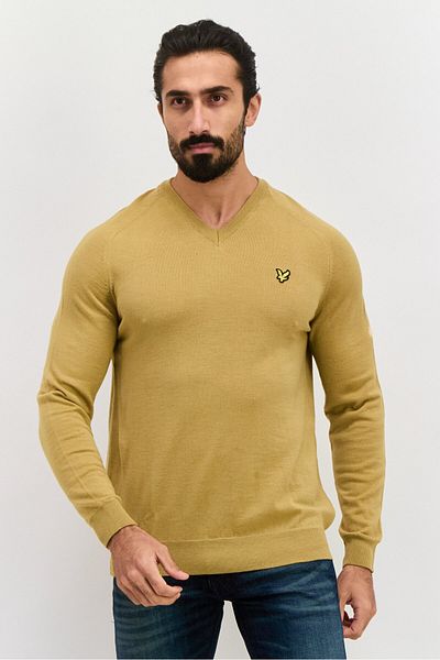 Lyle & Scott Men V-Neck Long Sleeve Heather Sweater, Khaki