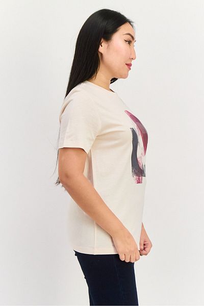 Esprit تي شيرت نسائي بطبعة جرافيكية وأكمام قصيرة ورقبة دائرية، لون خوخي
