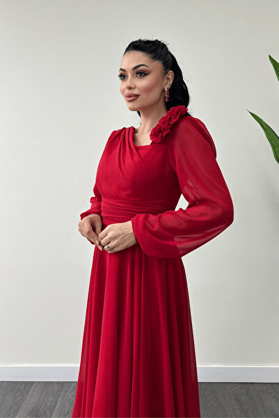 giyimmasalı Şifon Kumaş Gül Detaylı Midi Boy Elbise - KIRMIZI